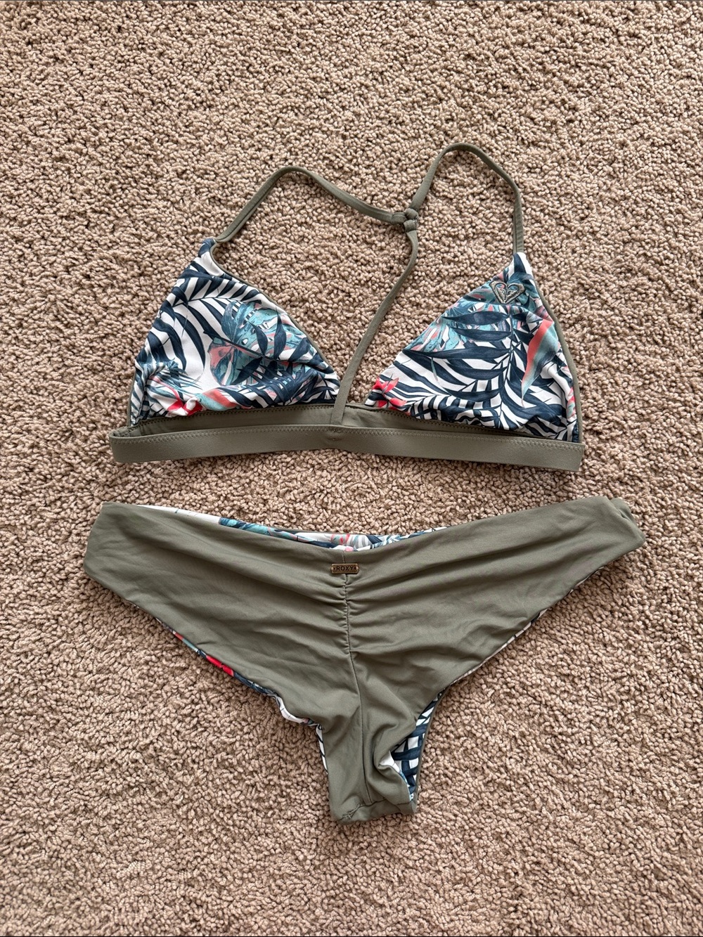 Roxy | Olive & Tropical Leaf, Reversible, Triangle Bikini Set | M - Picture 4 of 4